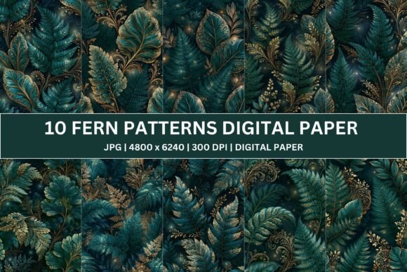 10 Ornate Emerald Fern Digital Papers
