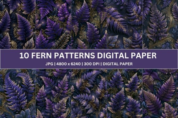 10 Ornate Violet Fern Digital Paper for Majestic Designs
