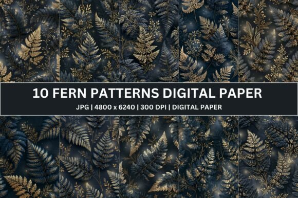 Unlock Midnight Luxury with 10 Ornate Charcoal Fern Digital Paper