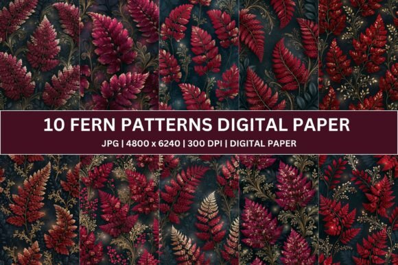 Unlock Regal Elegance with 10 Ornate Burgundy Fern Digital Paper for Your Next Creative Project